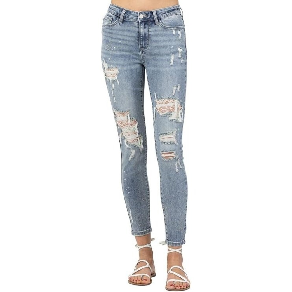 Judy Blue Lace Patch Skinny Jeans 18W destroyed mid rise - Picture 2 of 16
